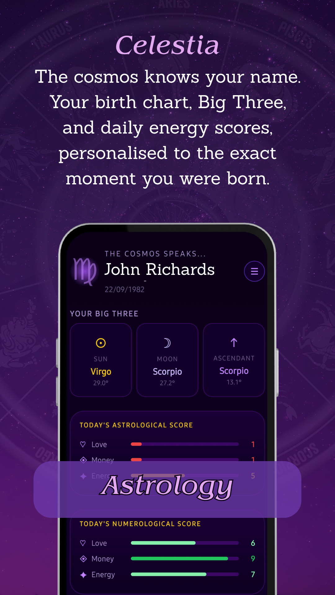Celestia home screen showing birth chart and Big Three